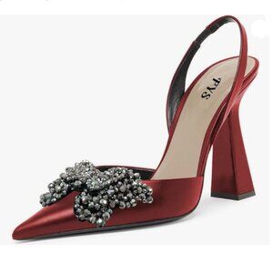 FYS Dark Red Slip on Pointed Toe Slingback Sandals Butterfly Crystal Slide Shoes